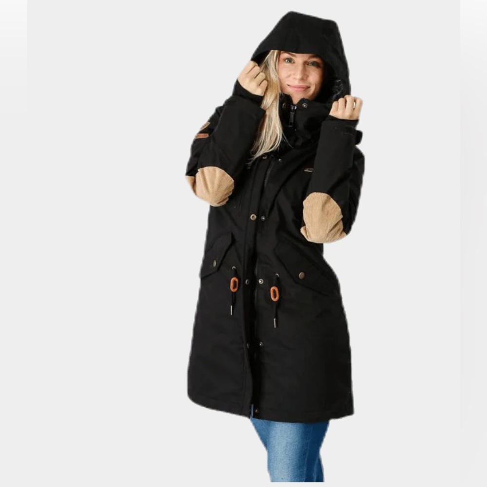 2117 of Sweden Black Mid Thigh Parka Tan Corduroy Elbow Patch Winter Coat Size L